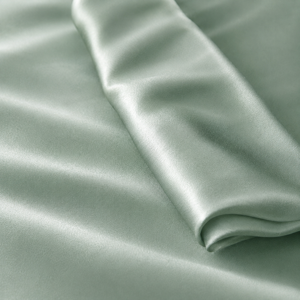 Jatasch Jasmin Hush Green stof close-up met zachte groenige satijn katoen textuur, subtiele glans en nette vouwen voor luxe antibacterieel beddengoed.