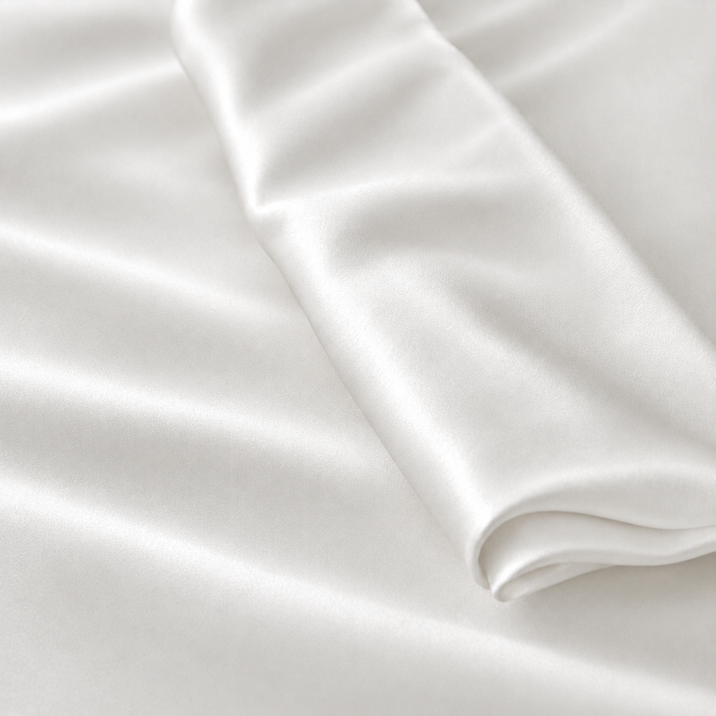 Lichtgrijze Jatasch stof met subtiele satijnglans, matte afwerking en elegante plooien voor comfortabel antibacterieel beddengoed.